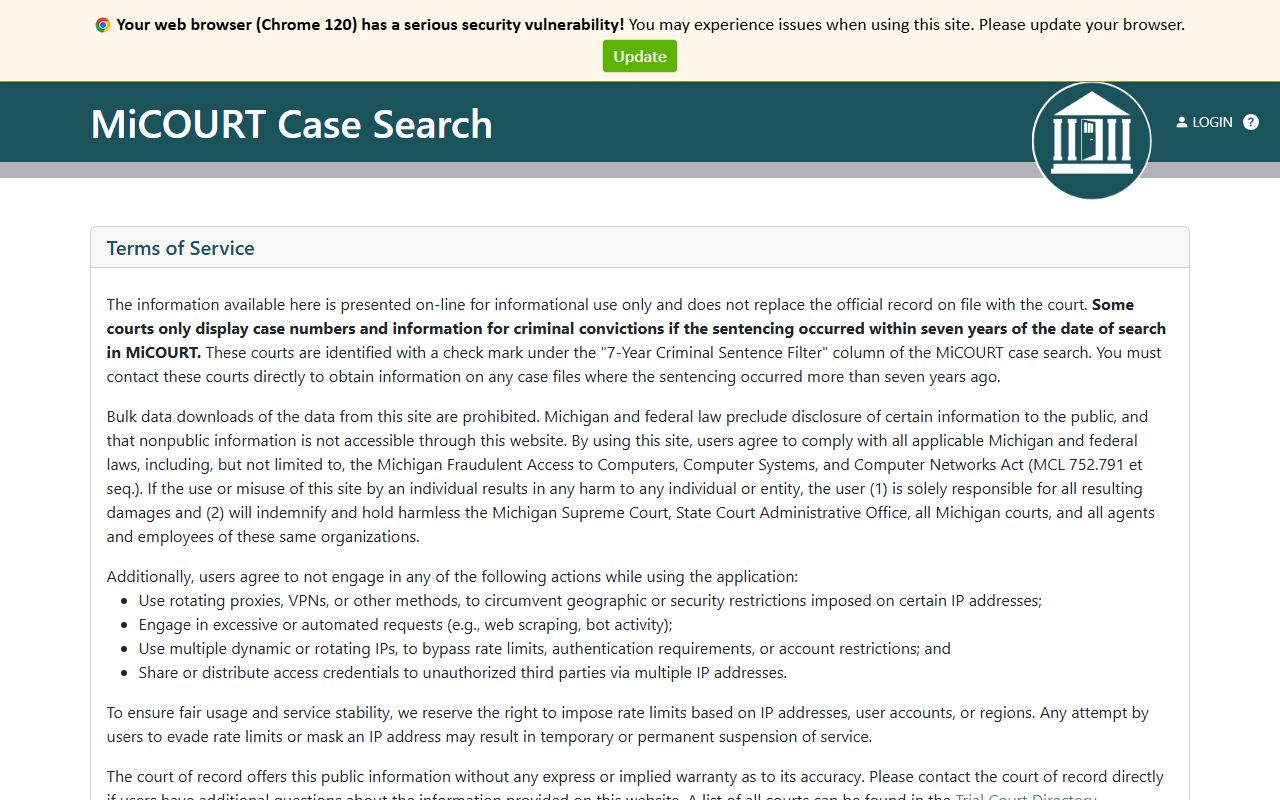 Baraga County court dockets search page for the 97th District Court