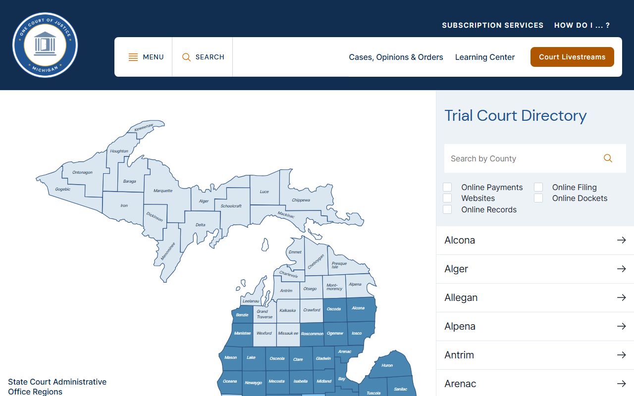 Baraga County court records office located through the Michigan trial court directory