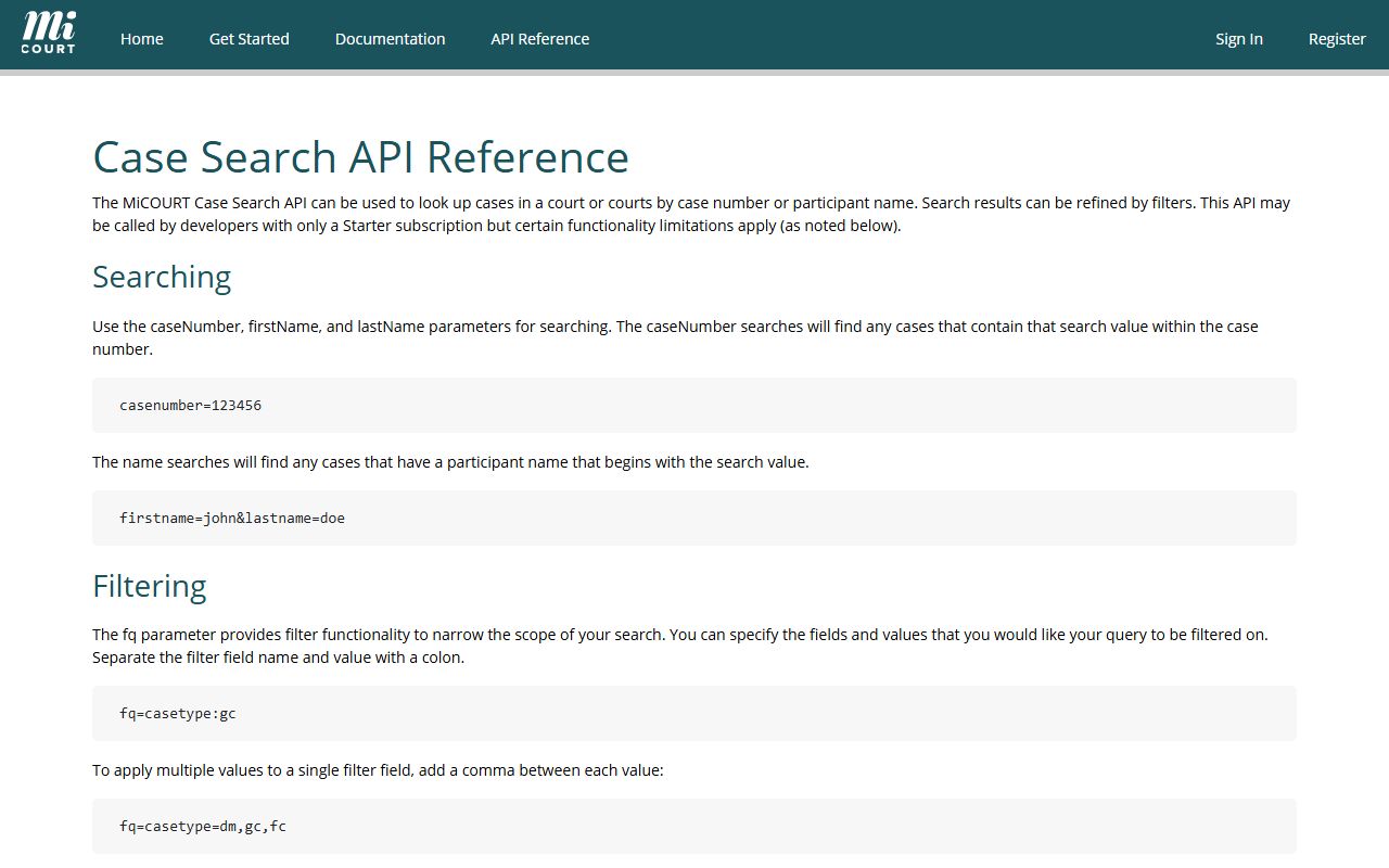 Baraga County court records search fields shown in the MiCOURT case search developer documentation
