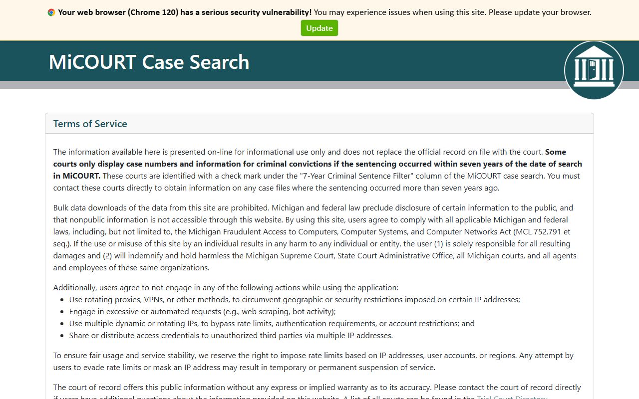 Baraga County court records search screen on the MiCOURT public case-search homepage