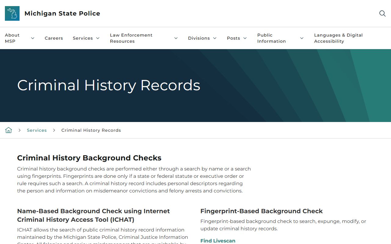 Baraga County warrant search and ICHAT criminal history record limits