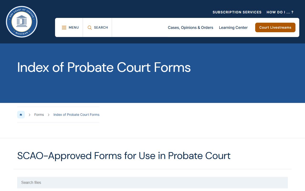 Baraga County probate court forms page for estate, guardianship, and conservatorship filings