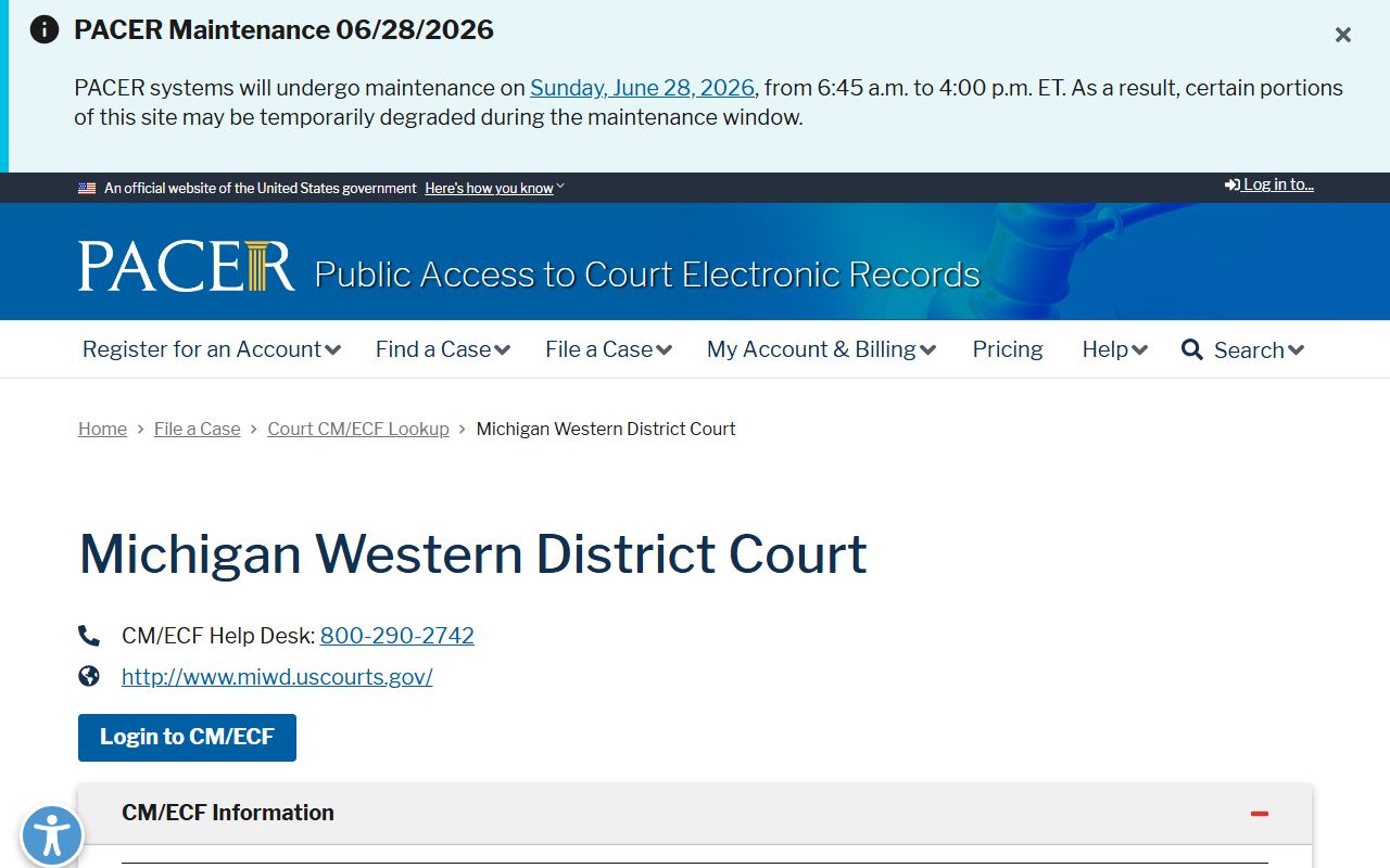 Baraga County inmate federal case lookup through PACER for the Western District of Michigan