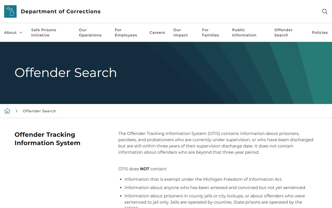 Baraga County inmate search page for the MDOC OTIS offender lookup