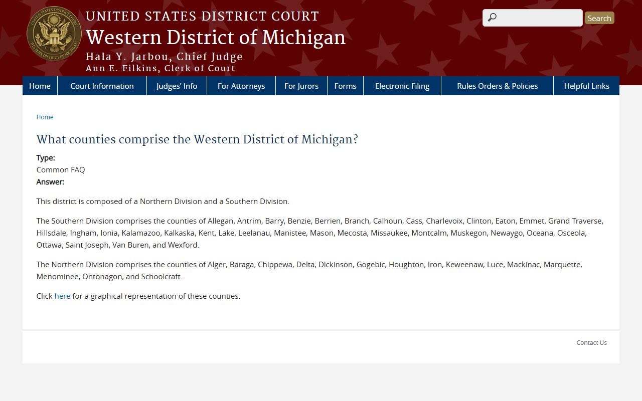 Baraga County inmate custody map for the Western District of Michigan federal court